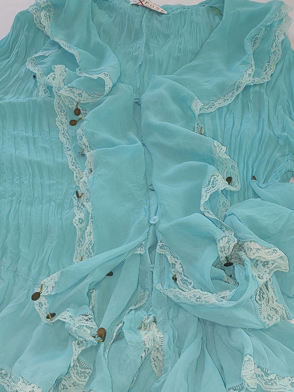 Expose France USA Italy Turquoise Ruffled Women's Blouse .Size XL - Picture 6 of 11